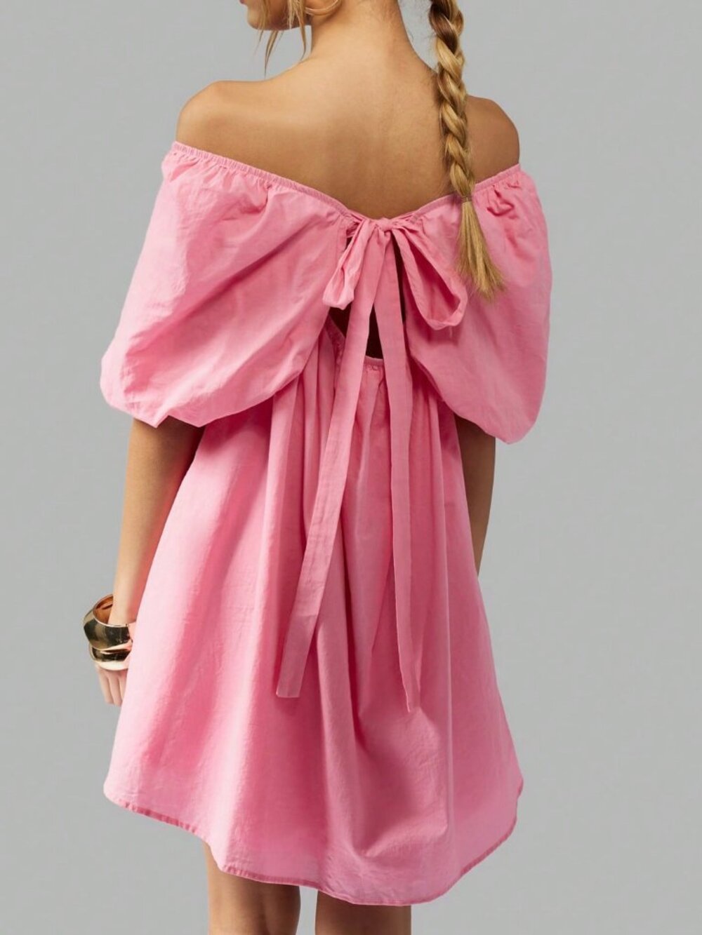 Pink Casual Women's Off-Shoulder Puff Sleeve Mini A-Line Party Dress - Picture 2 of 7